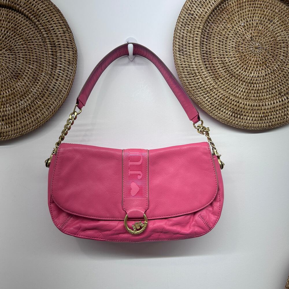 Vintage Y2K 90s Juicy Couture Pink Leather Shoulder Bag Purse Handbag Gold Heart